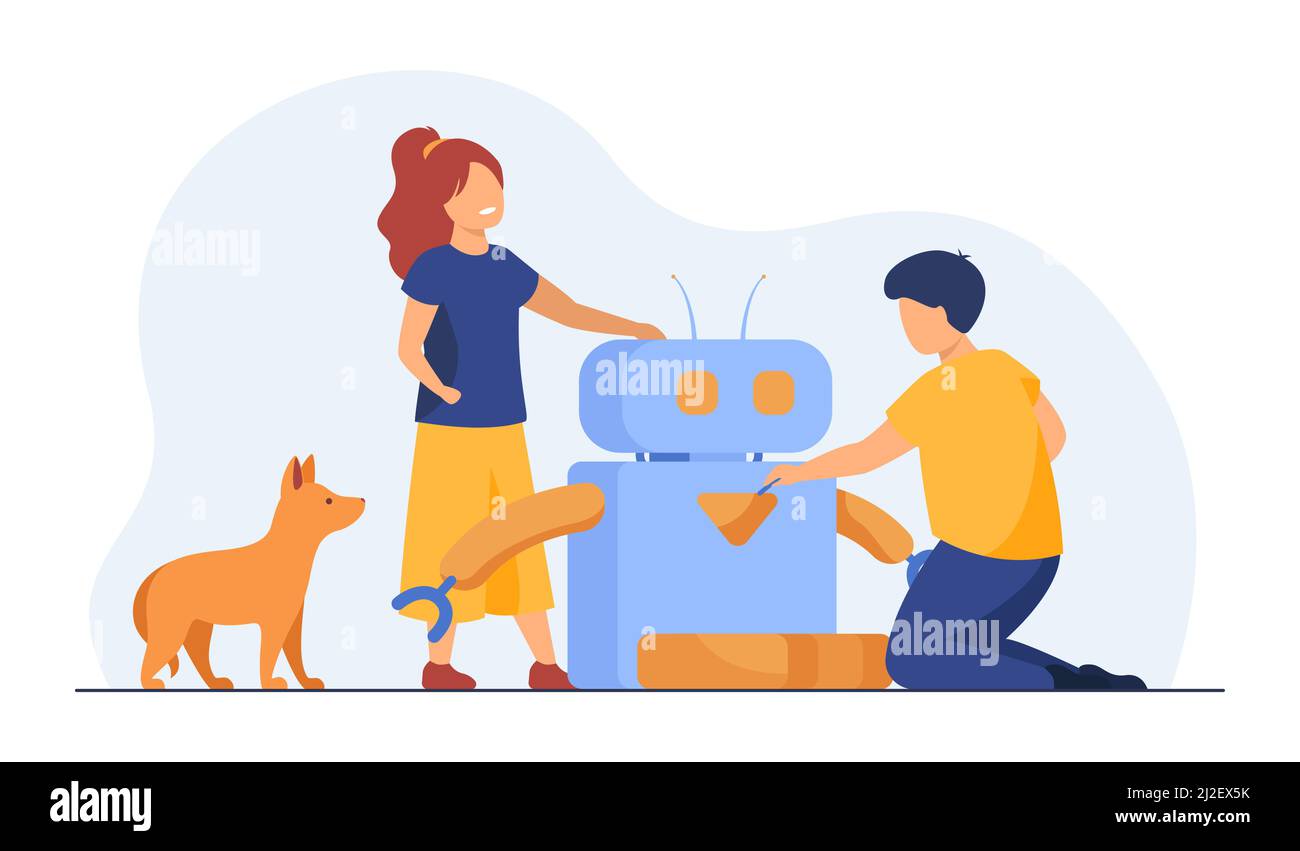 Kids creating or using robot. Dog, pet feeding machine, children. Flat vector illustration. Robotics, engineering, education concept for banner, websi Stock Vector