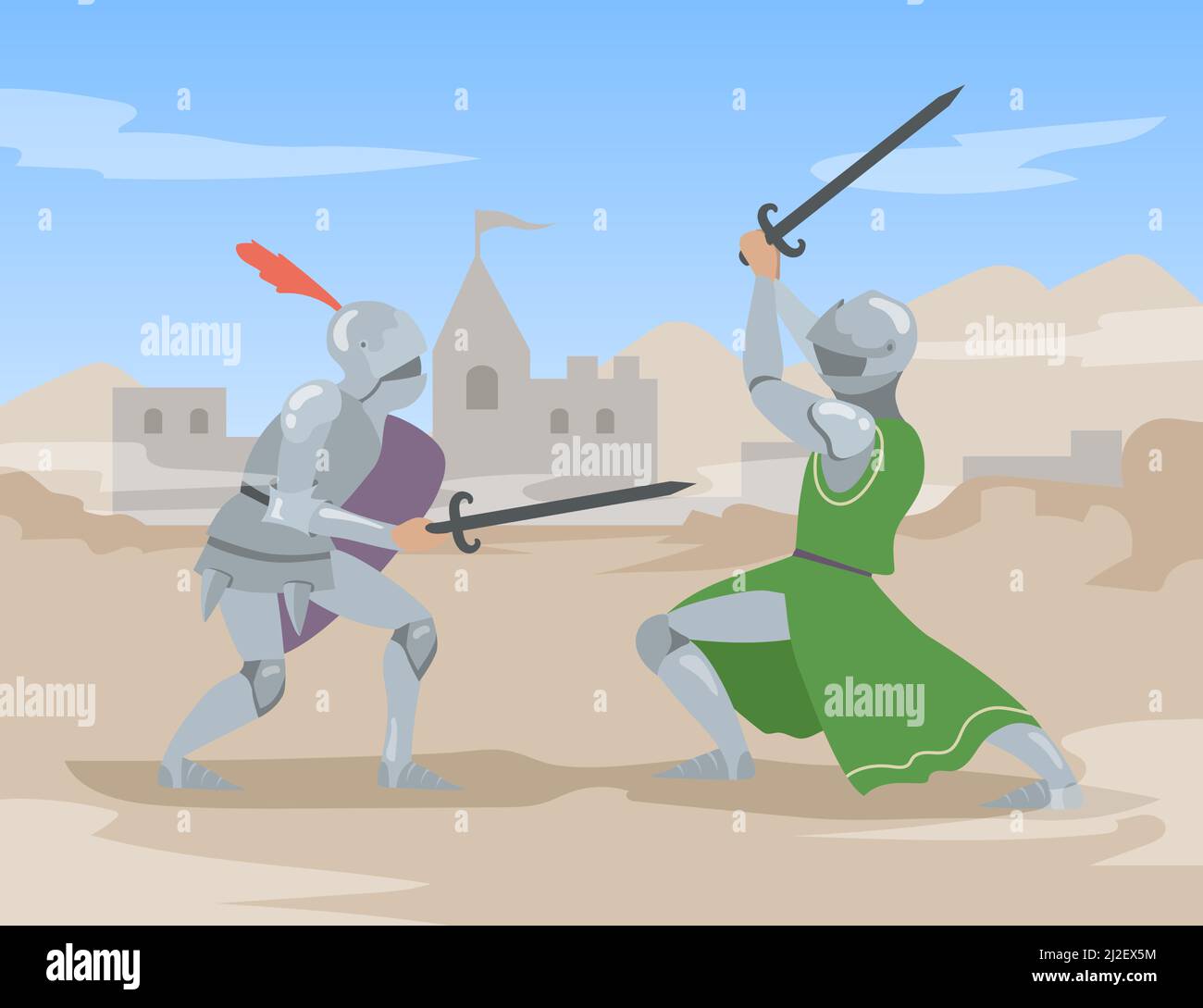 Knights duel with swords at ancient city. Brave medieval solders men people in heavy steel armor fighting. Flat vector illustration. Chivalry, antique Stock Vector