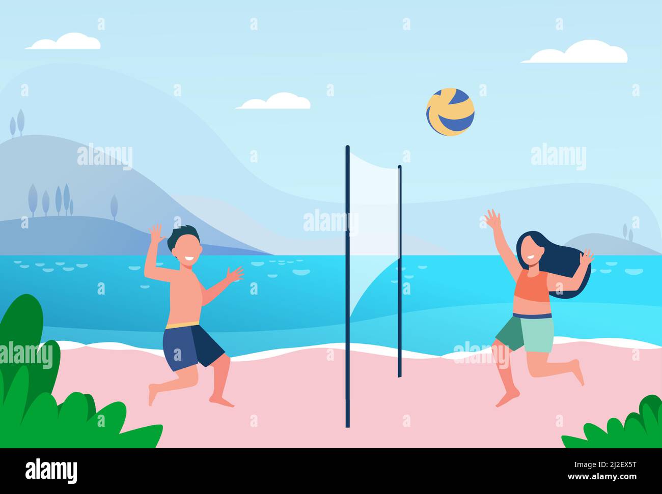 Kids playing beach volleyball. Lake, children at seaside, ball game