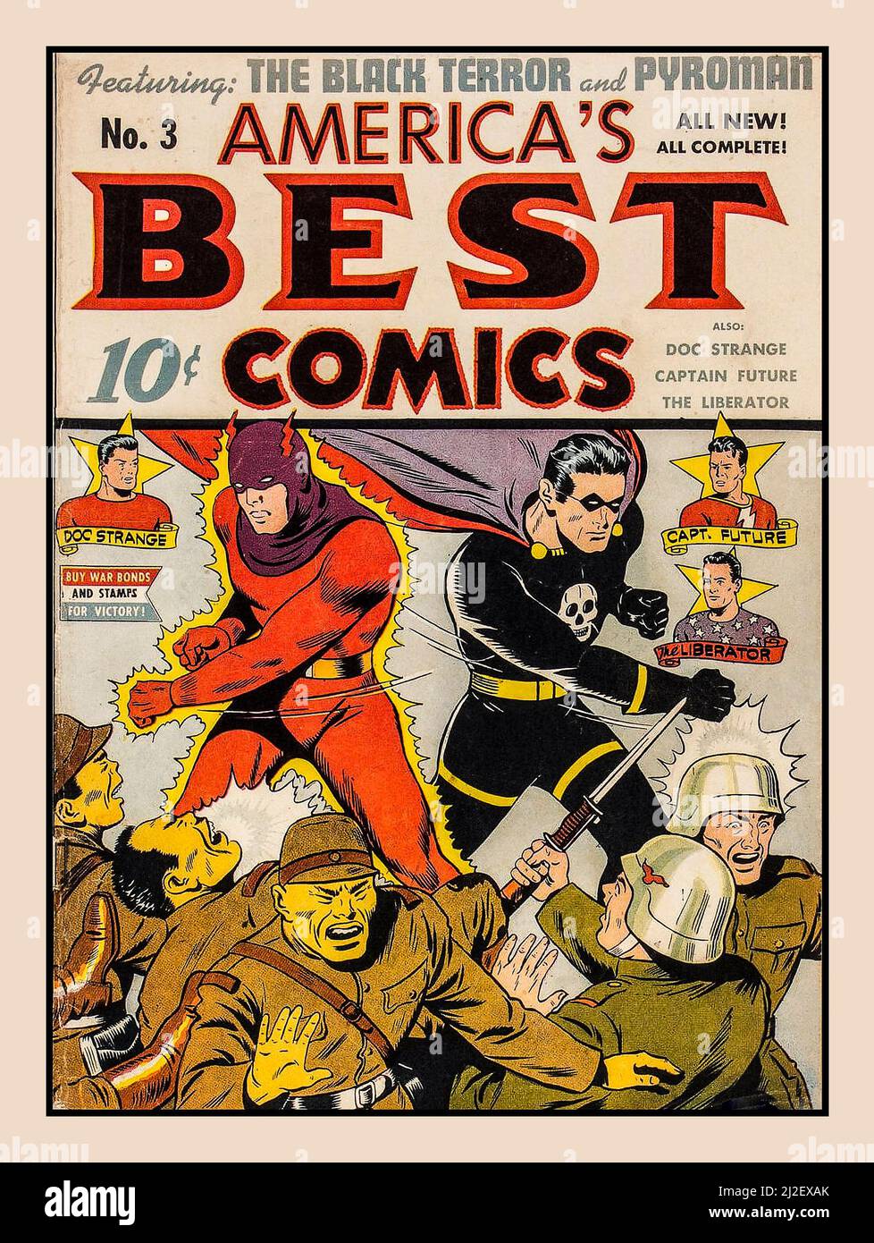 WW2 American Comic Propaganda with 'Americas Best Comics' super heroes fighting Japanese and German Axis forces Capt. Future, The Liberator, and Doc Strange. An appeal for War Bonds and Stamps for Victory ! World War II 1942 Stock Photo