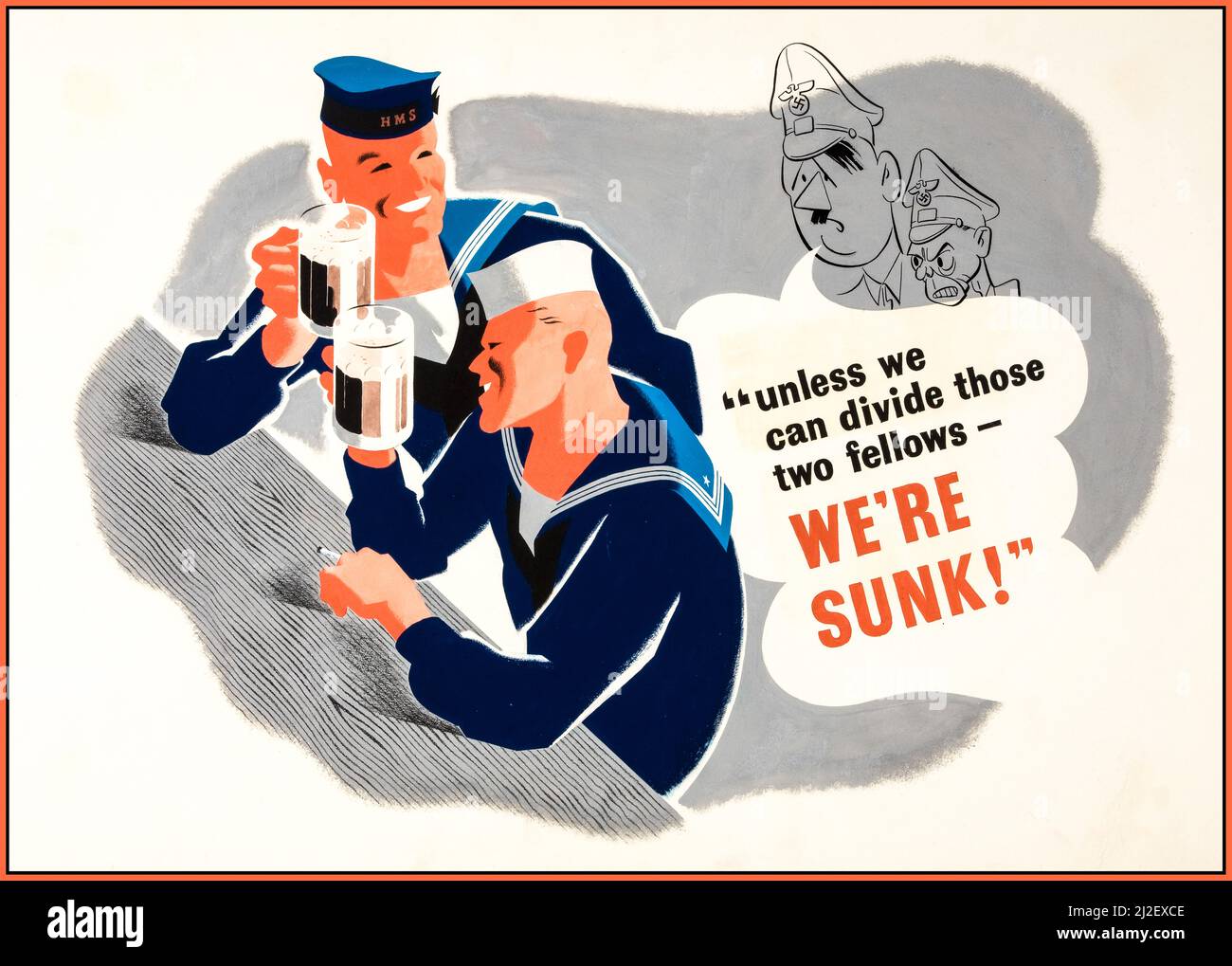 WW2 Propaganda Poster 'Unless we can divide those two fellows - we're sunk!' World War II propaganda poster focusing on the Anglo-American alliance. Cartoon Caricature Hitler and Goebbels are in the background. World War II Second World War Date between 1940 and 1945 Stock Photo