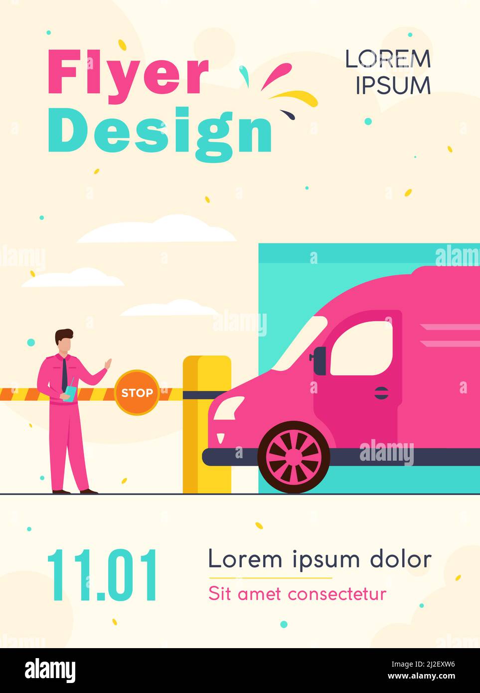 Parking lot security. Attendant standing at gate arm with stop sign for checking vehicles