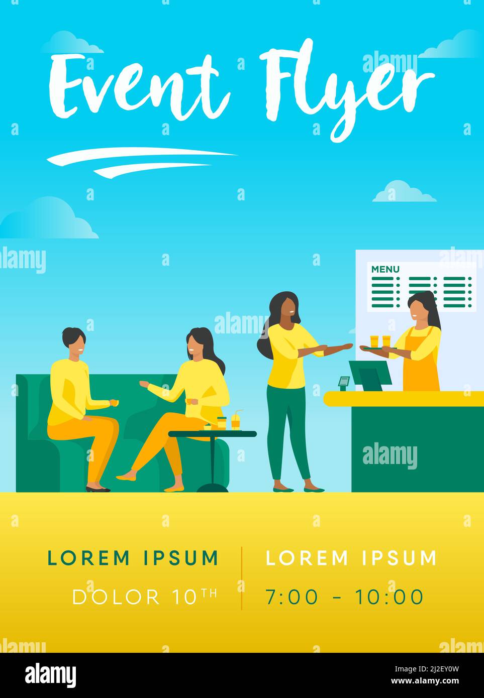 People meeting in cafe for lunch vector illustration. People sitting at tables, drinking coffee