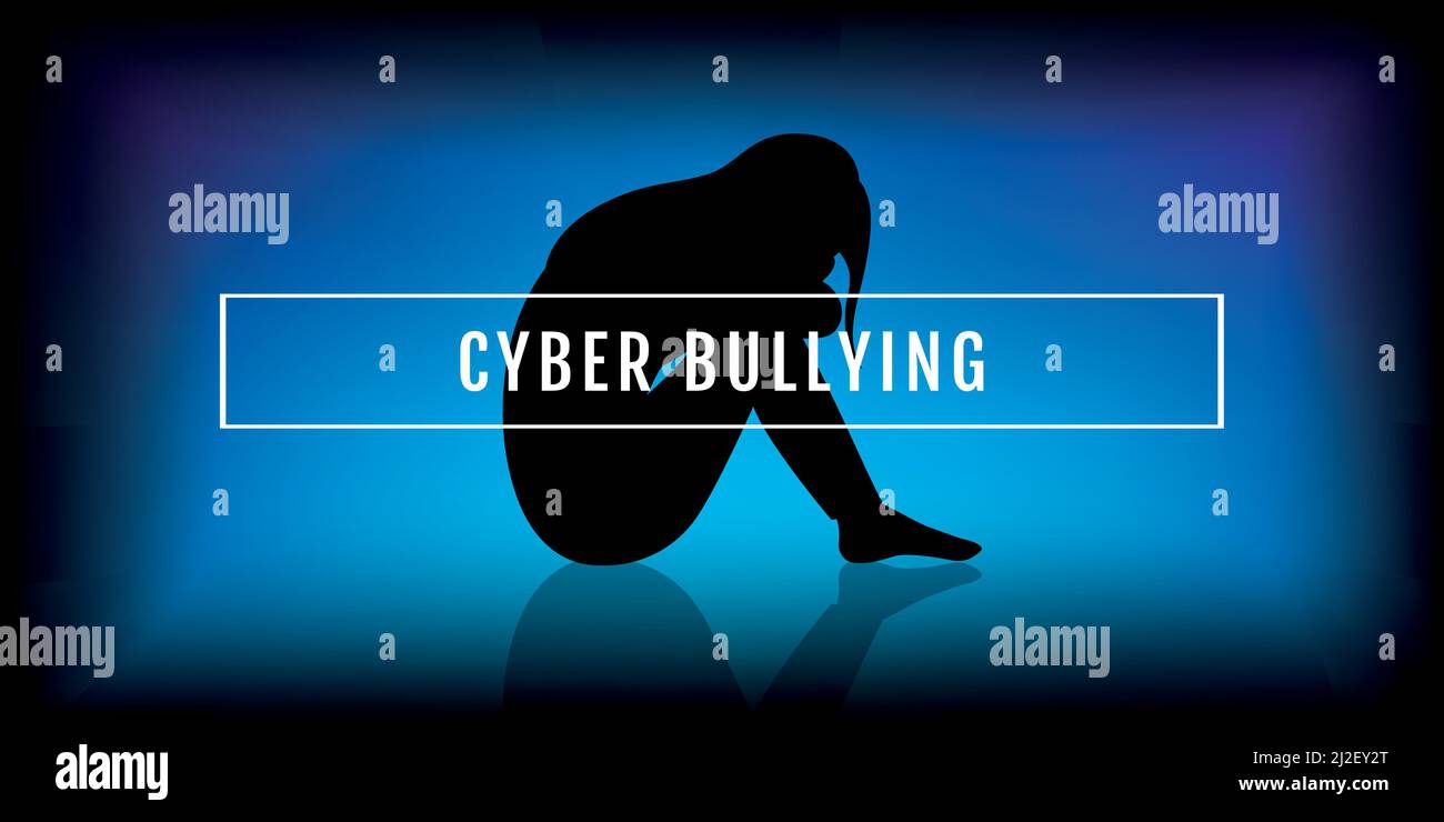cyber bullying sad girl silhouette on blue background Stock Vector