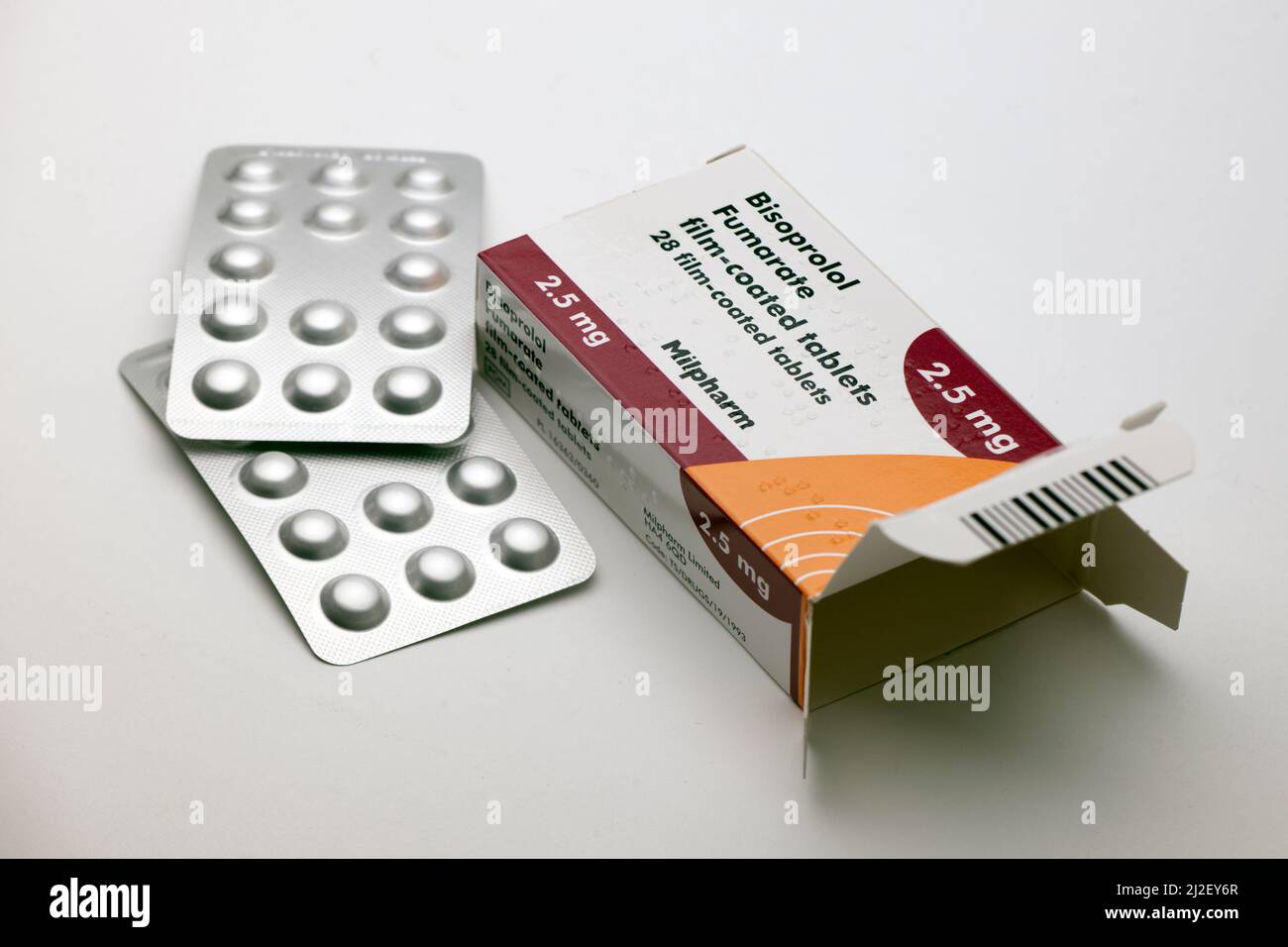 Box of 28 2.5 Bisoprolol Fumarate film coated Tablets Stock Photo