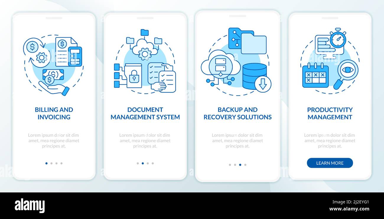 Tools for online workplace blue onboarding mobile app screen Stock ...