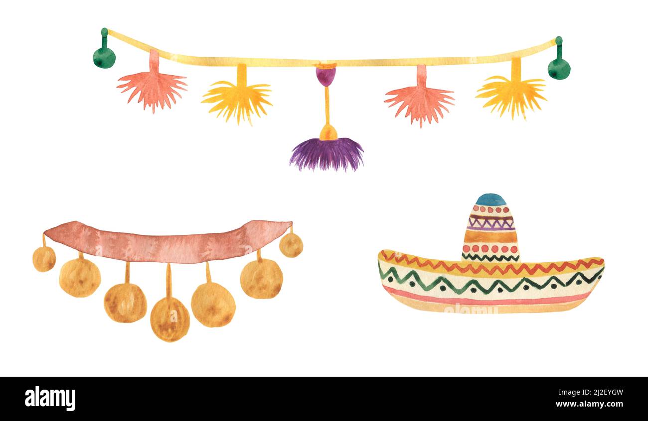 Watercolor bright mexican party decor clipart, sombrero hat illustration set. Stock Photo