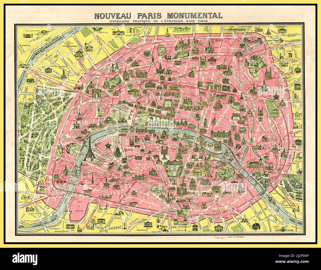 PARIS VINTAGE 1900s MONUMENTAL TOURIST POCKET MAP 1920 example of the famous Nouveau Paris Monumental tourist pocket map of Paris. Covers Paris from the Bois de Boulogne to the Bois de Vincennes. Monuments and important buildings are shown in relief - including the Eiffel Tower. Also shows roadways and Metro lines.. The state of development of the Paris Metro, particularly the extension of the 11, suggests that this map must have been printed around 1920 - 1925. Paris City France Stock Photo