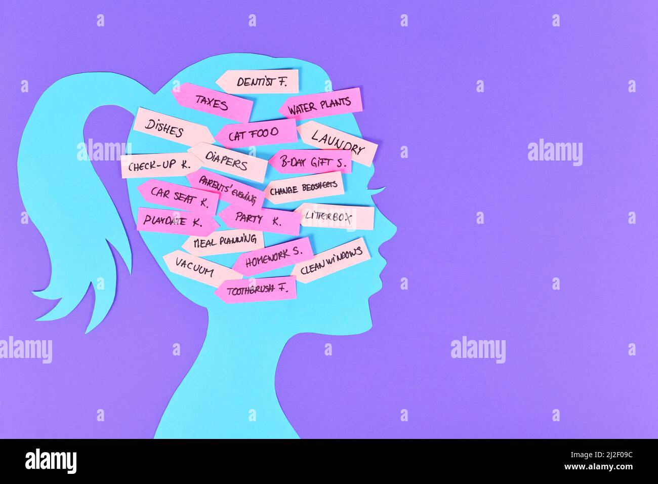 Concept for mental load with woman's head silhouette with multiple tasks on notes Stock Photo