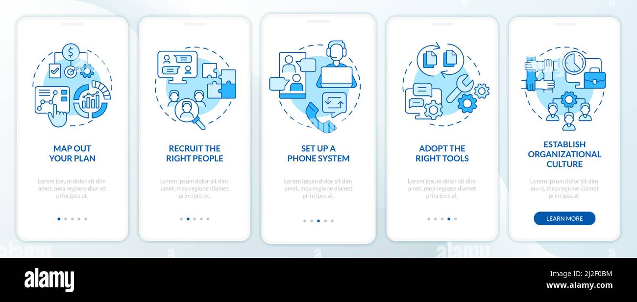 Steps to start virtual office blue onboarding mobile app screen Stock Vector