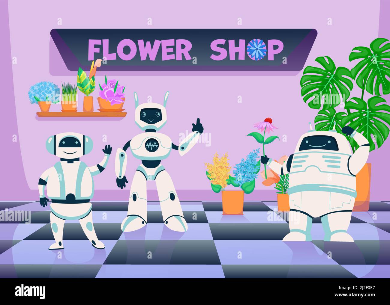 Robots in flower plants shop. Cute digital cyborgs mascots. Flat vector illustration. Futuristic robotic technology concept Stock Vector