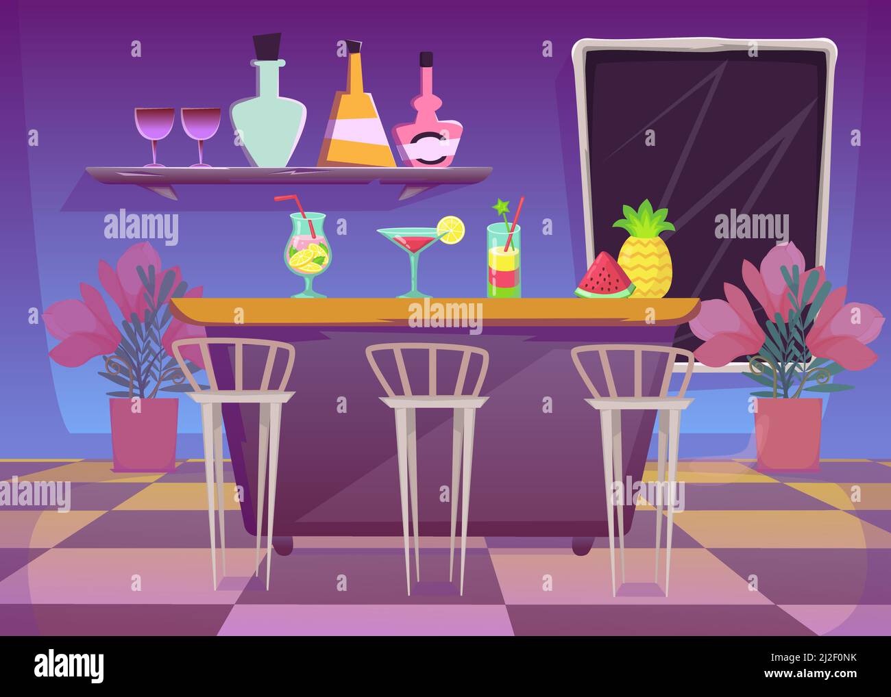 Bar counter in or cafe flat vector illustration. Bar interior