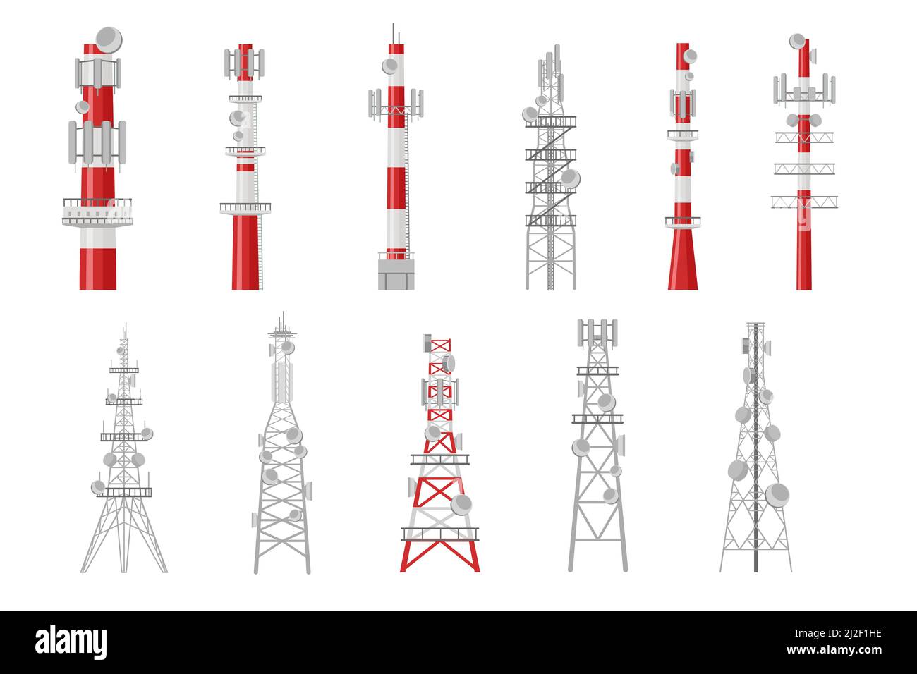 Set of cartoon radio towers vector illustration. Broadcast equipment representing telecommunication masts and wireless stations transmitting satellite Stock Vector