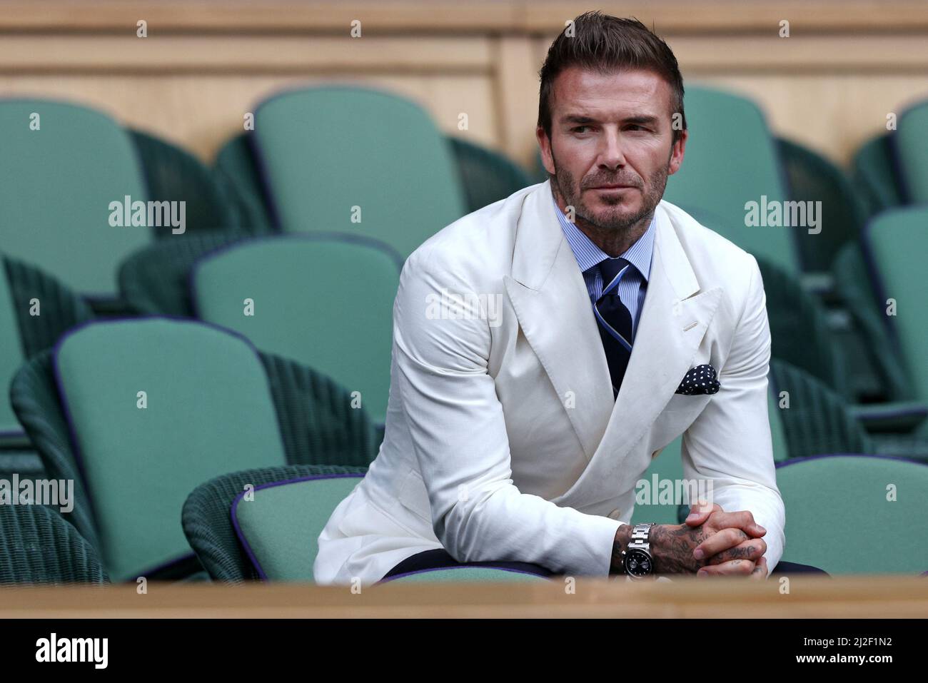 Former footballer David Beckham waits for a tennis match to start during Wimbledon tennis championships 9th July 2021. Stock Photo