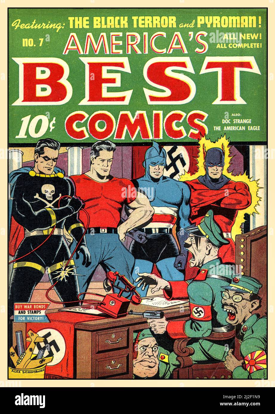 WW2 1940s Americas Best Comics 10 cents Propaganda Cover illustration with super heroes facing off axis powers of Adolf Hitler, Hideki Tojo & Benito Mussolini, with Swastika and Rising Sun symbols. Buy war Bonds and Stamps Appeal banner Stock Photo