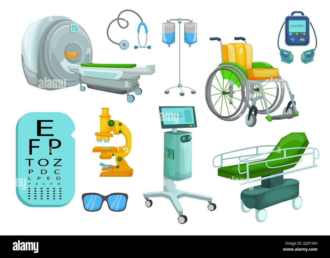 Set of hospital medical equipment and devices vector cartoon. Tomograph, scanner, X-ray, MRI, fluorography, mammography. Health system, medical concep Stock Vector