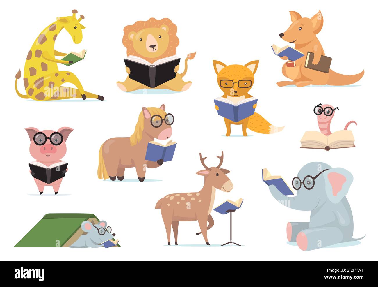 Smart animals in glasses reading books flat set for web design. Cartoon cute elephant, giraffe, lion, fox, pig holding book isolated vector illustrati Stock Vector