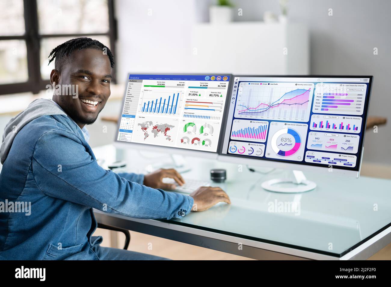 Analyst Man Looking At Business Data Analytics Dashboard Stock Photo