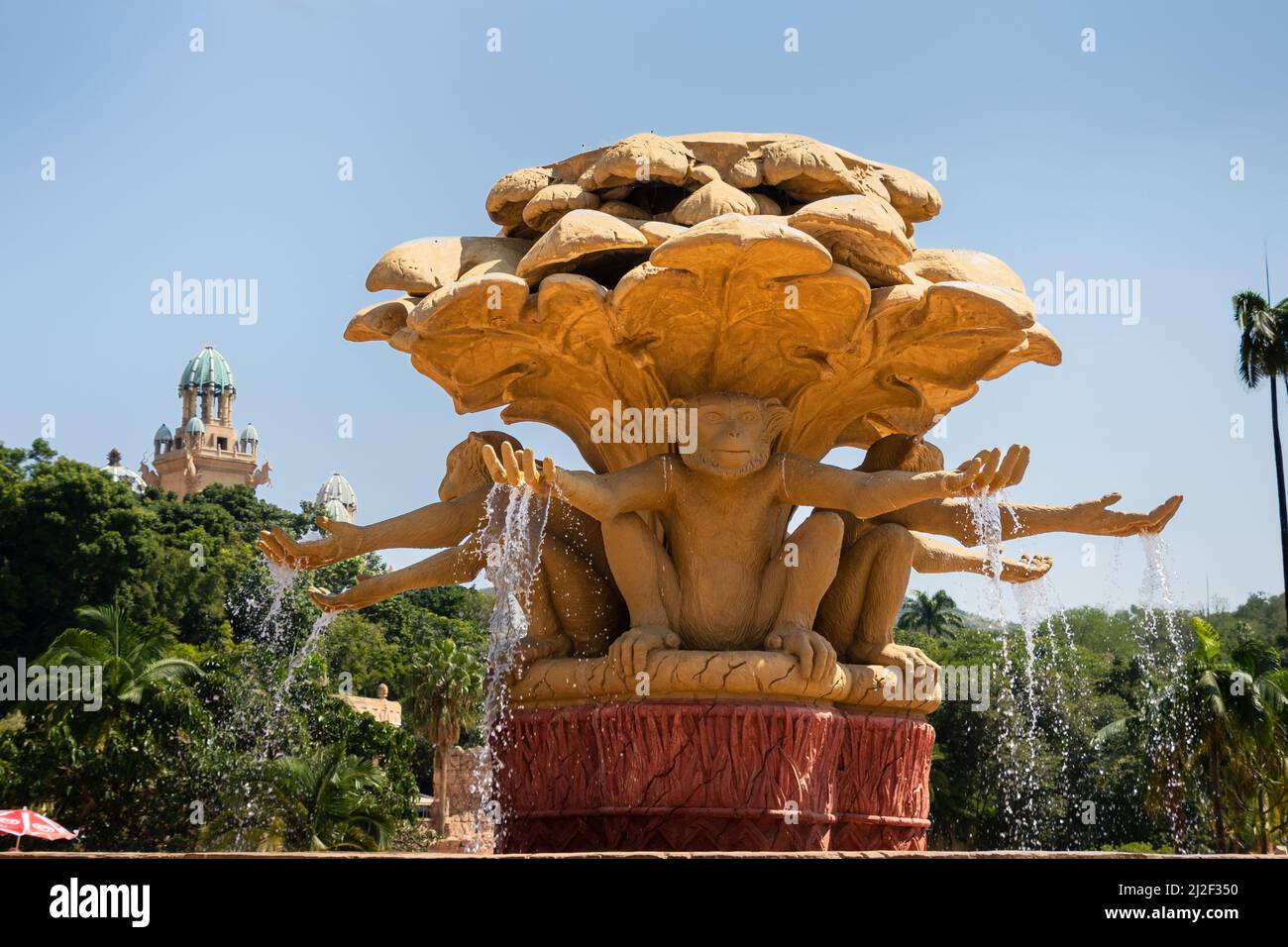 Fountain at the entrance of the Wave Valley of the SUN CITY resort in South Africa. It is adorned with several monkeys. Stock Photo