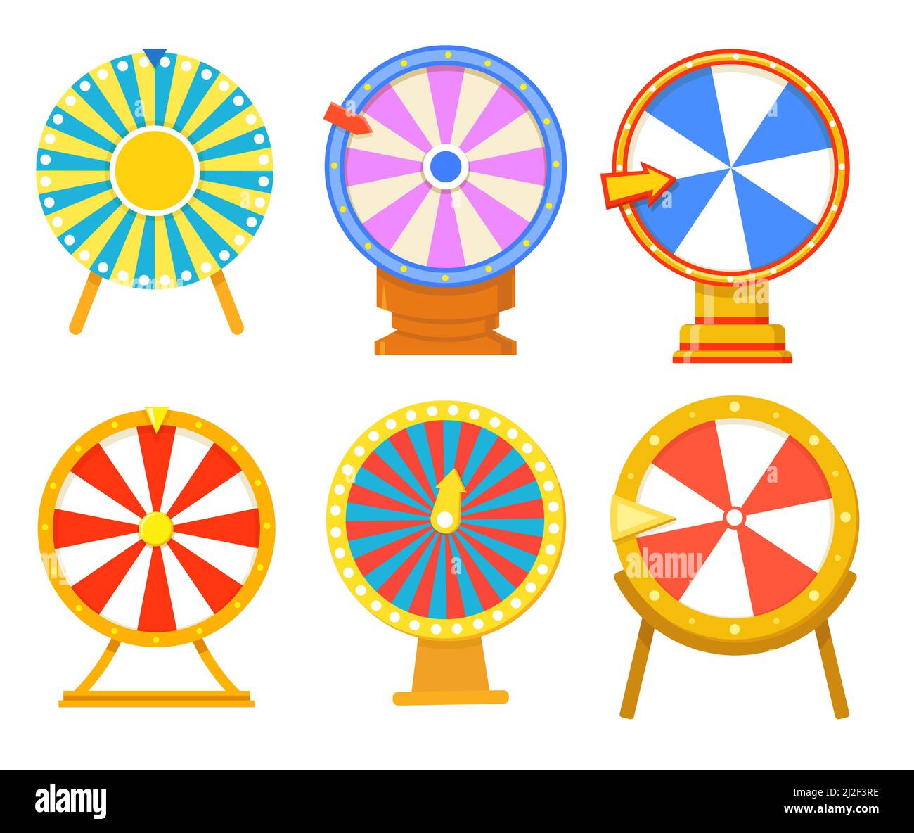 Trendy colorful wheels of fortune flat illustration collection. Cartoon spinning roulettes with prize sections isolated vector illustrations. Gambling Stock Vector