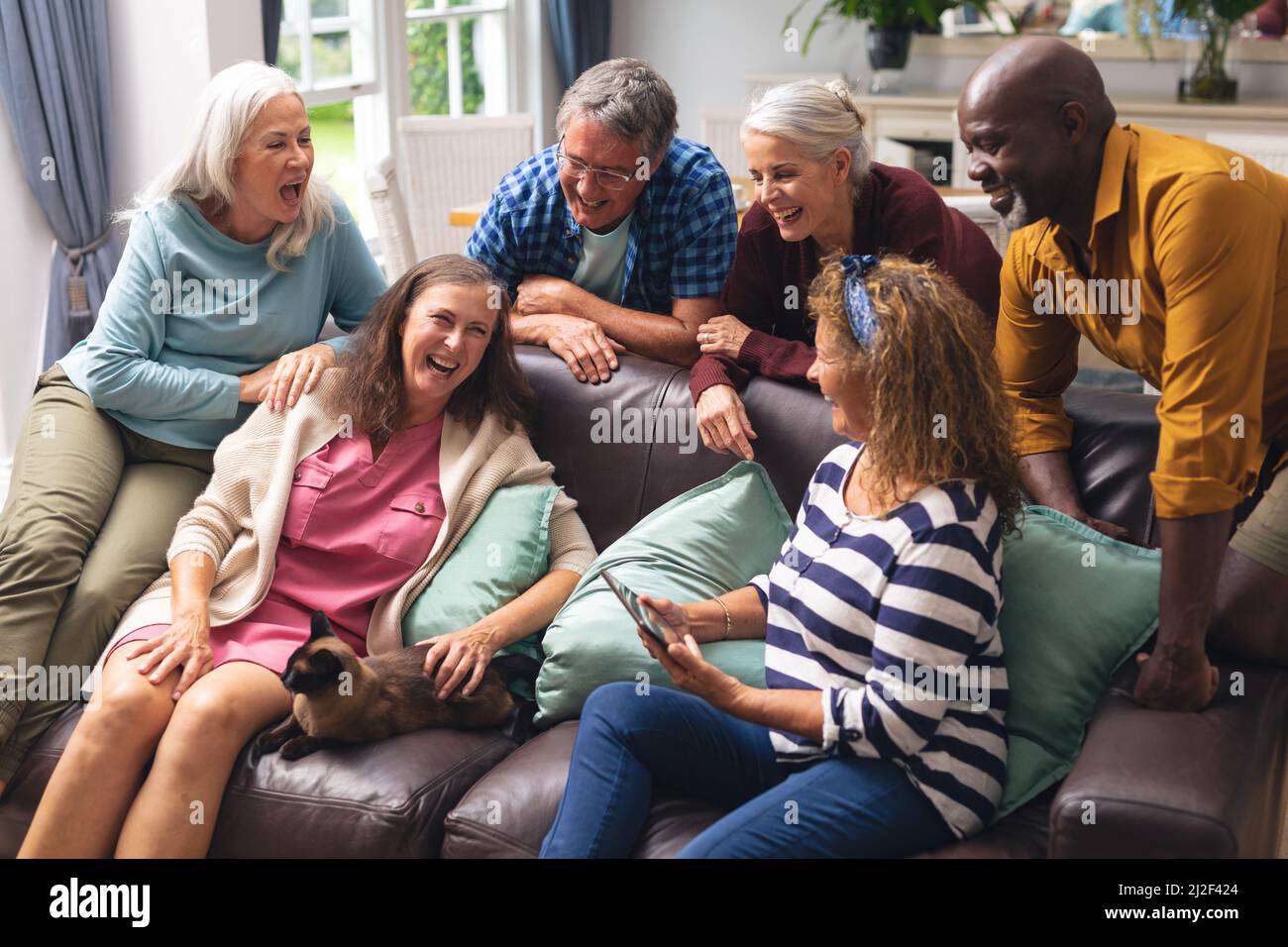Cheerful multiracial senior male and female friends having fun at home Stock Photo