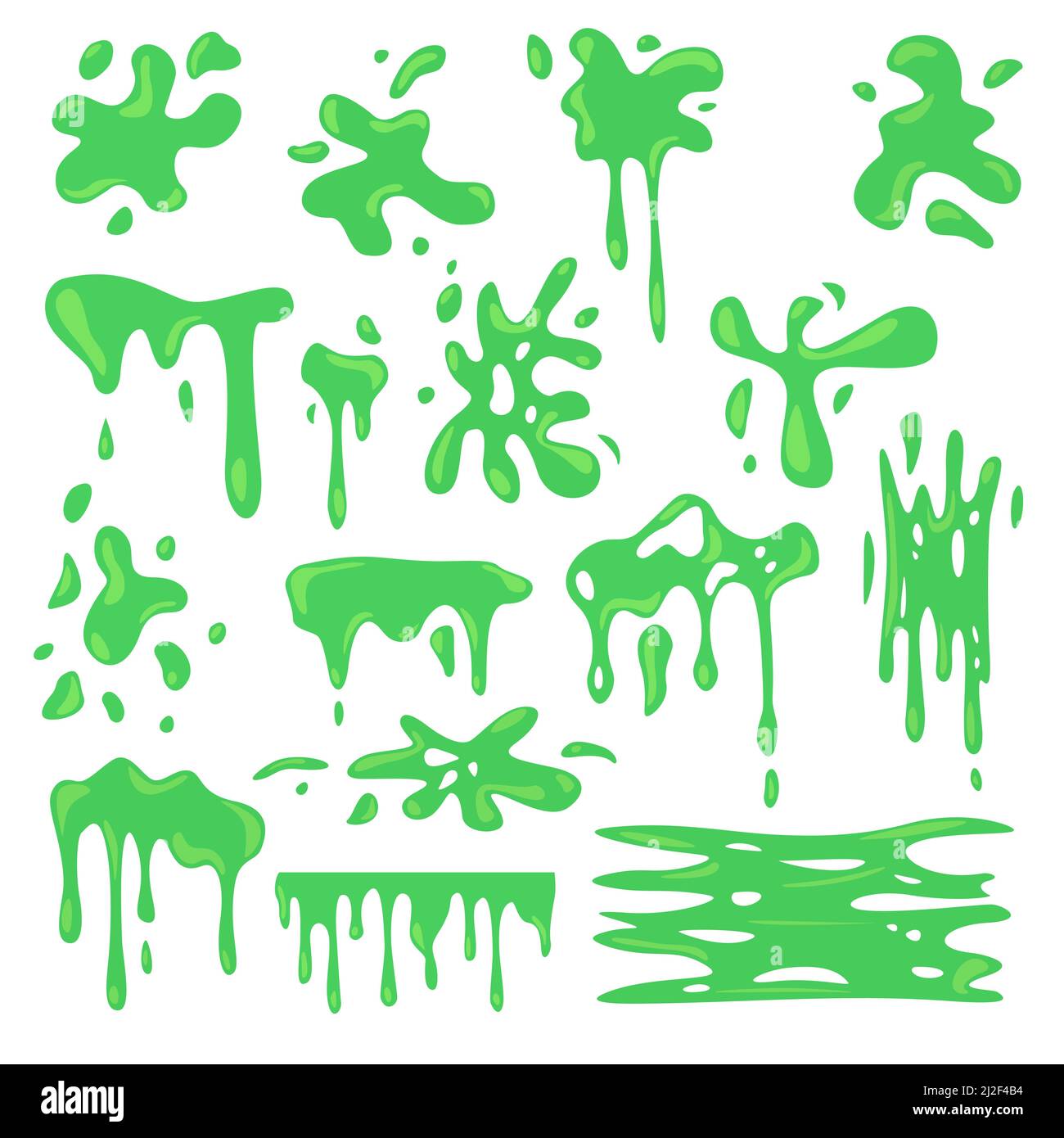 Toxic various green slime flat set for web design. Cartoon slimy goo splashes, blobs and mucus drops isolated vector illustration collection. Decorati Stock Vector