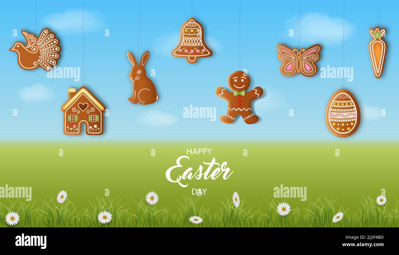 easter background with gingerbread cookies on spring landscape Stock Vector