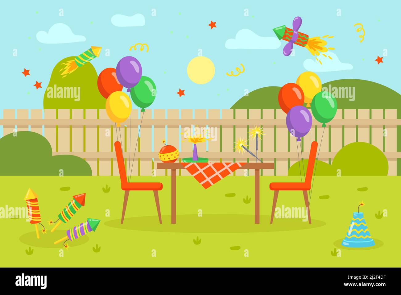 Colorful fireworks and balloons with table in backyard. Firecrackers, confetti, table, chairs, fence in background cartoon vector illustration. Party, Stock Vector
