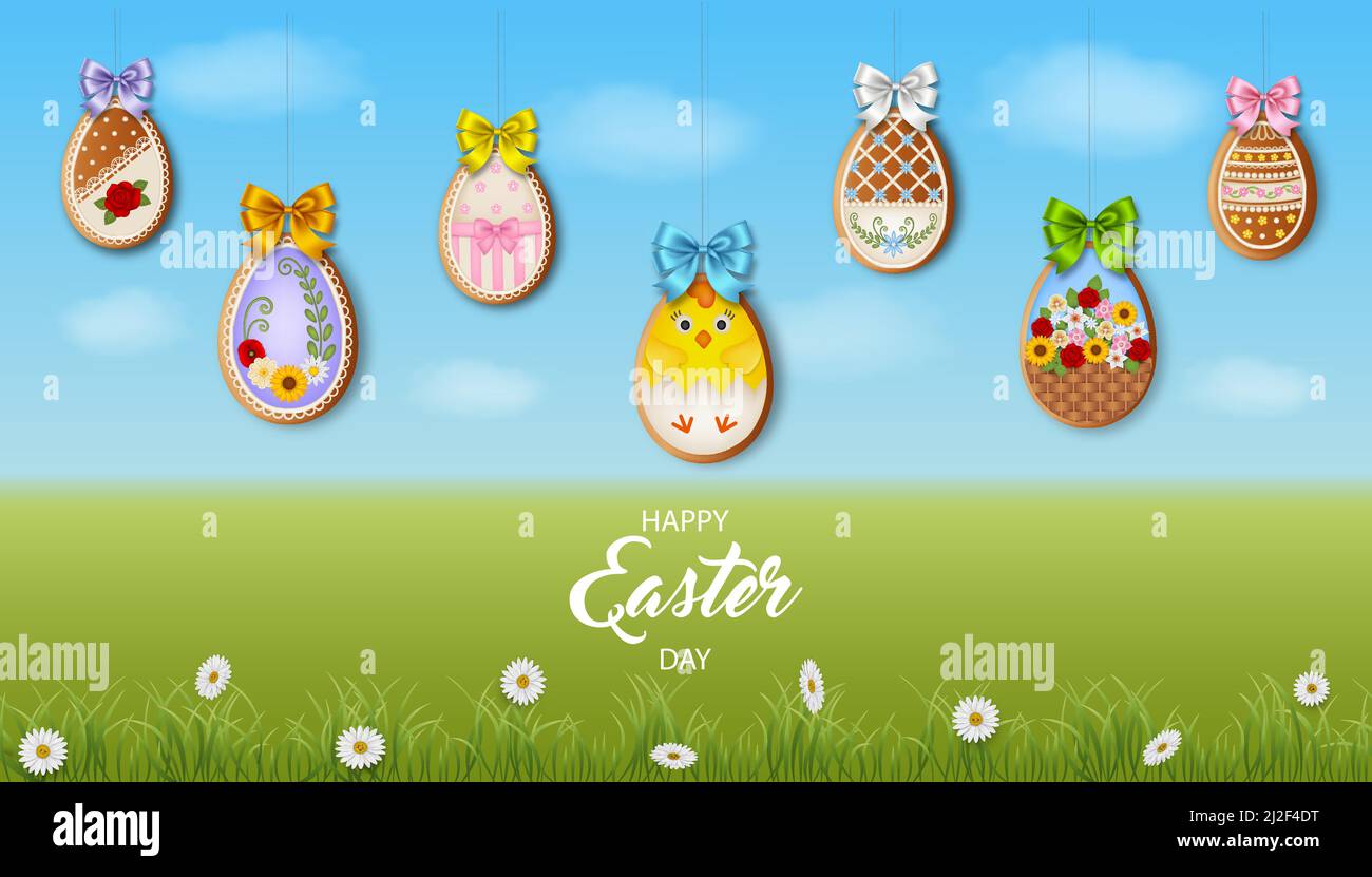 easter background with gingerbread cookies on spring landscape Stock Vector