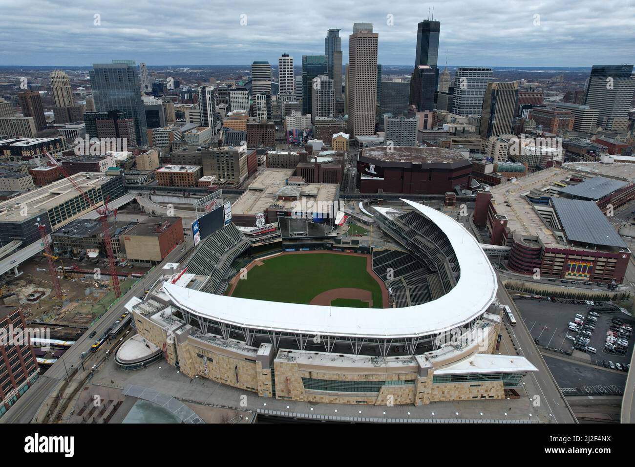 An aerial view of Target Field and downtown skyline, Thursday, Mar. 31