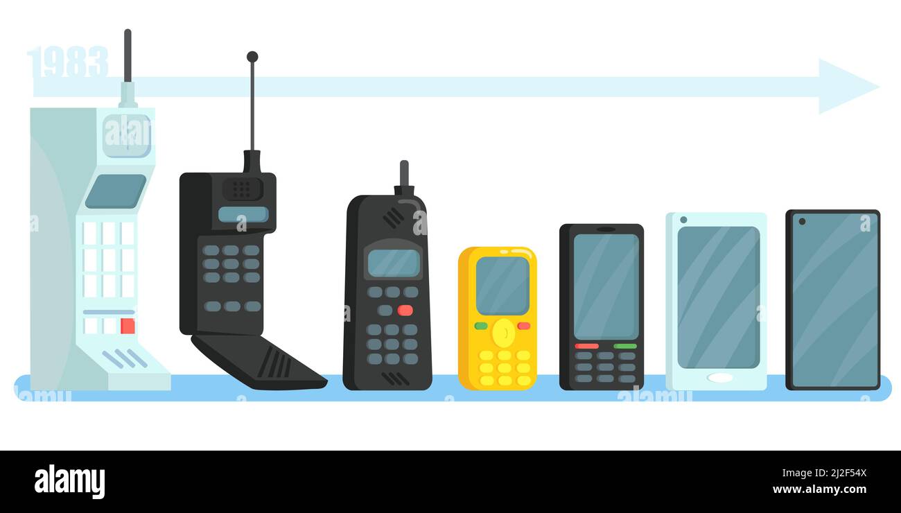 Cellphones different generations set. Line of vintage and modern mobile smart phones with antennas, small displays, touchscreens. Vector illustration Stock Vector