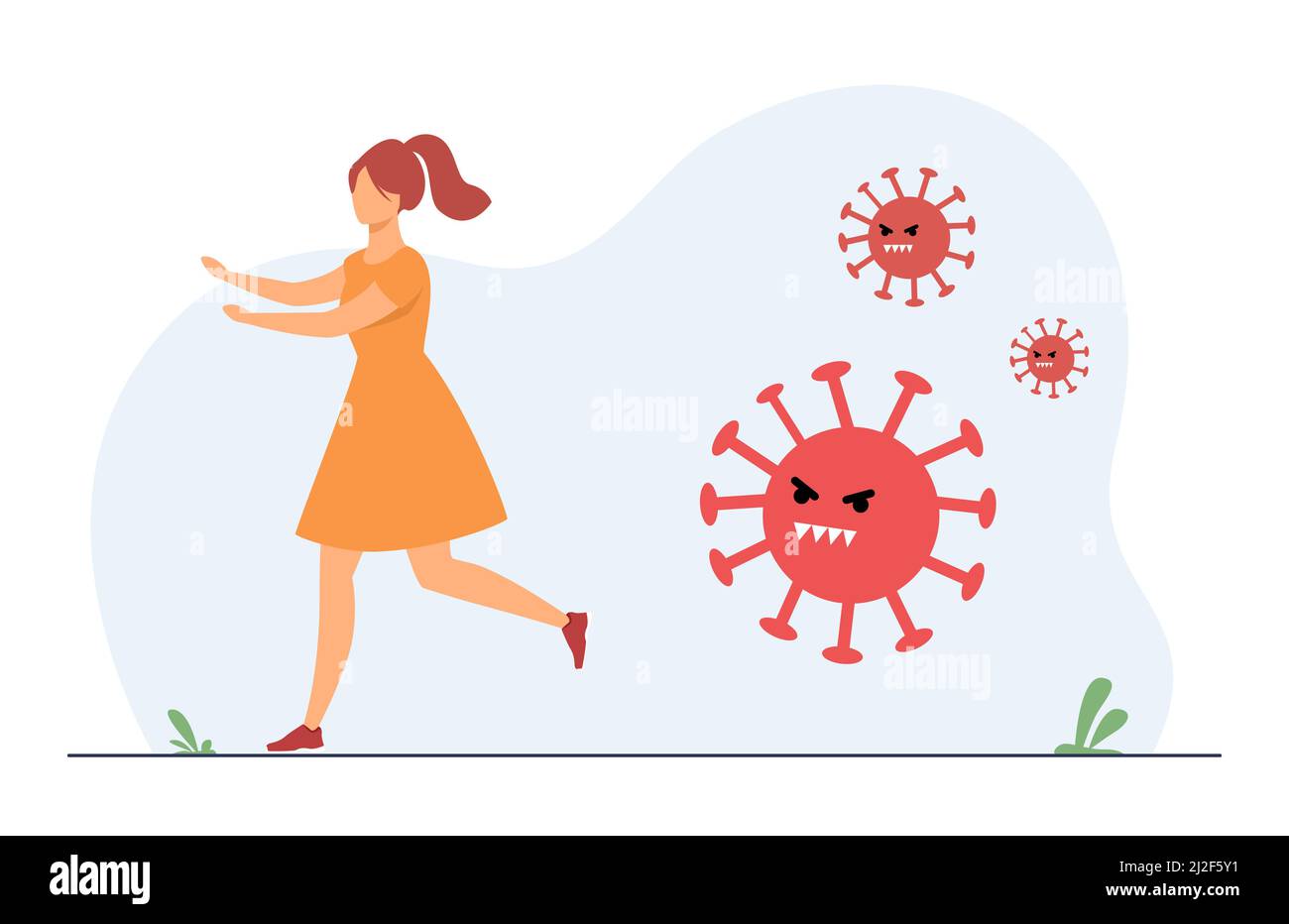 Woman running from aggressive covid. Person avoiding infection, saving from disease. Flat vector illustration. Coronavirus, pandemic panic concept for Stock Vector