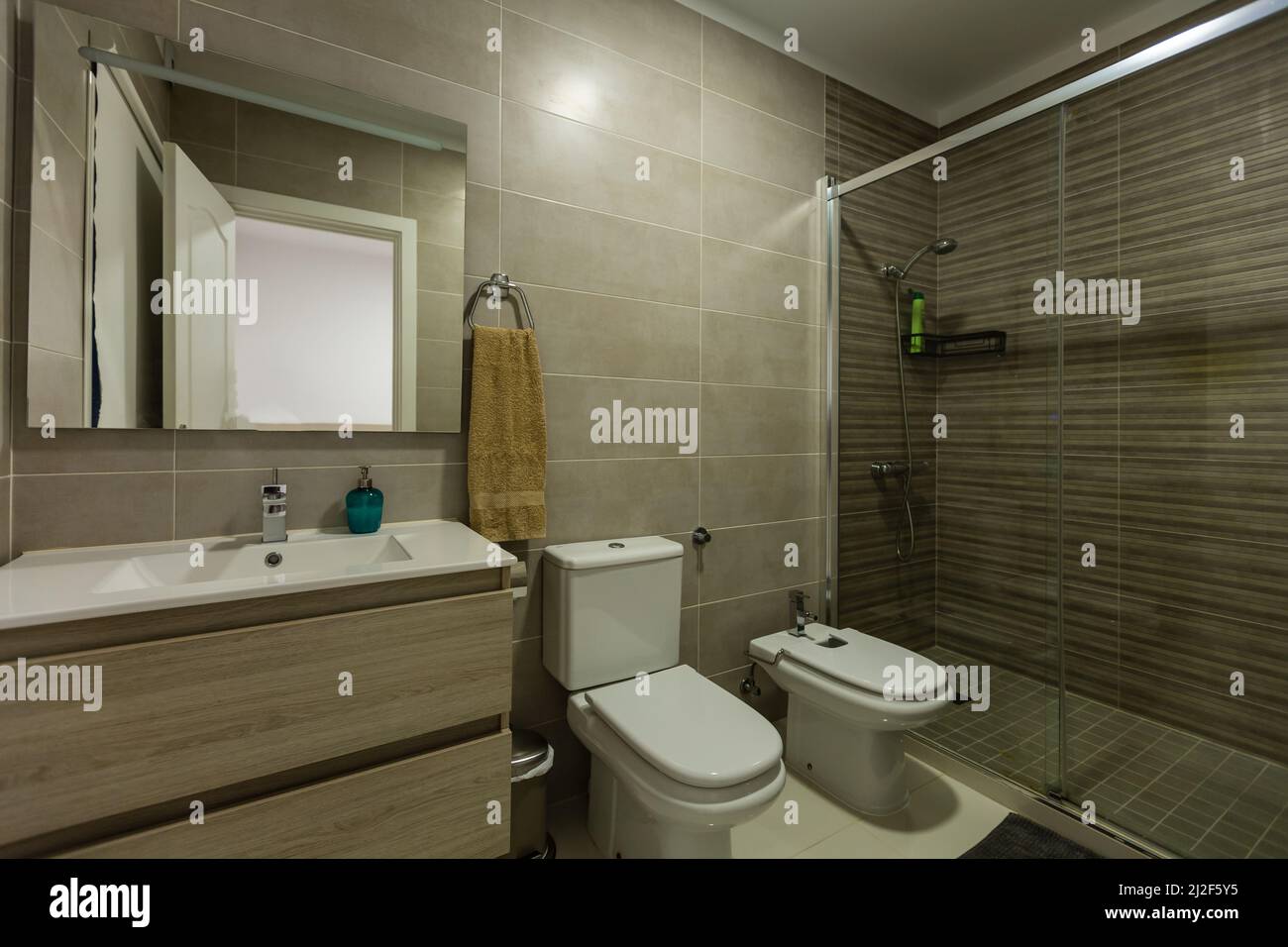 Spacious bathroom in gray tones with heated floors, walkin shower