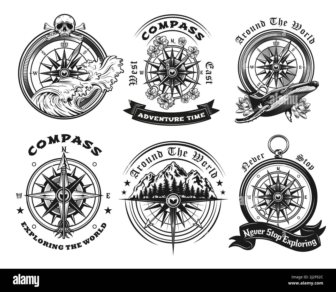 Compass tattoo templates set. Monochrome design marine elements with sea  waves, whale, mountain landscape and text. Adventure, travel, navigation  conc Stock Vector Image & Art - Alamy
