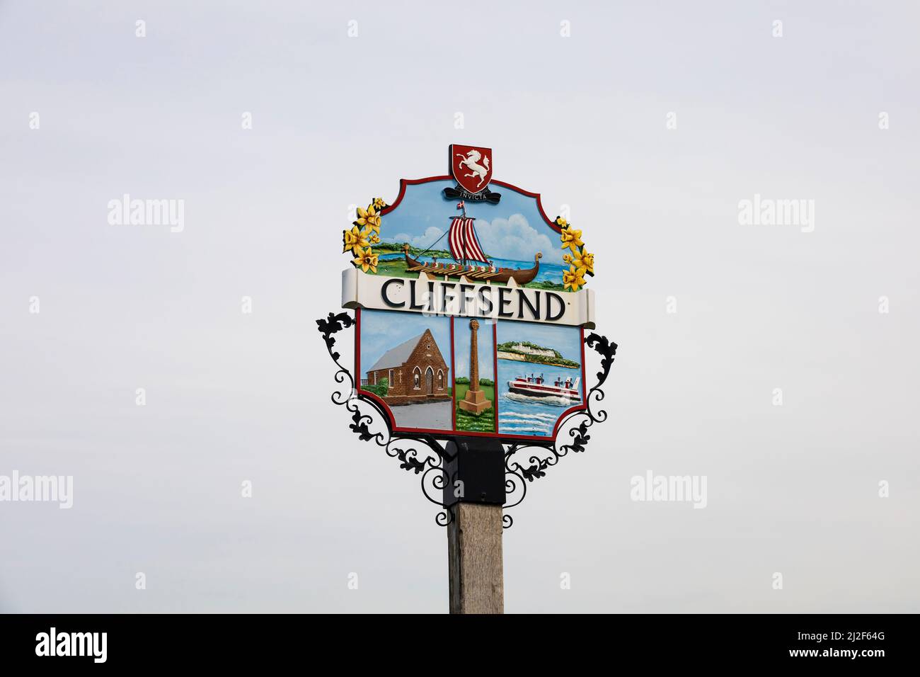 Village sign for Cliffsend, Kent, England. Featuring the Hugin viking ship and hovercraft. Stock Photo