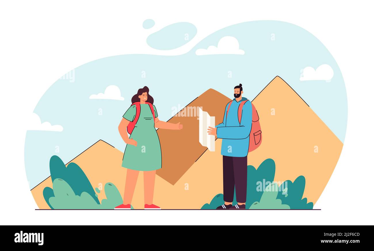 Couple plotting rout for hiking. Couple of hikers with map thinking about trek to top of mountain. Outdoor activity concept for banner, website design Stock Vector