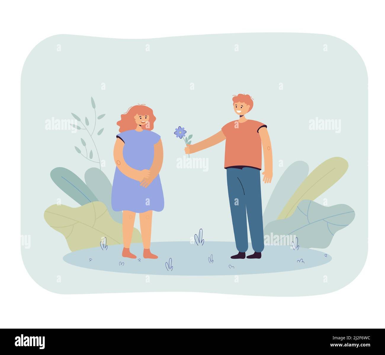Cute boy giving flower to girl. Cartoon boyfriend and girlfriend on date flat vector illustration. First feelings, dating concept for banner, website Stock Vector