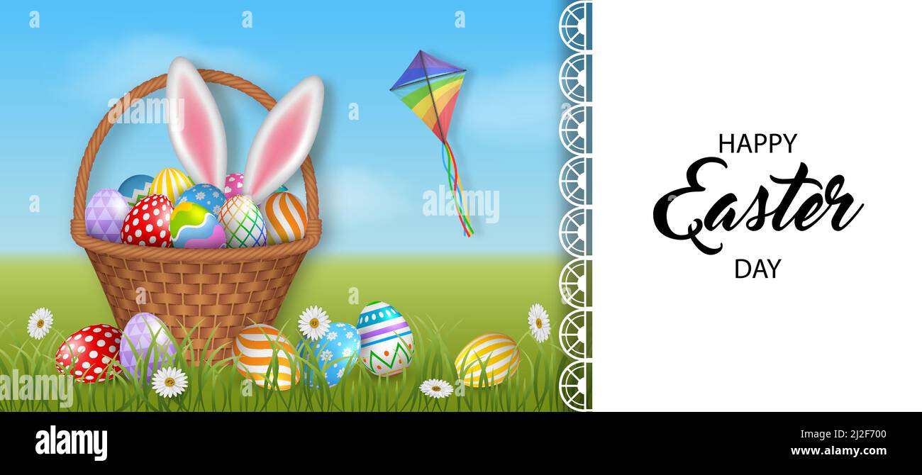 Easter banner with wicker basket and easter eggs Stock Vector