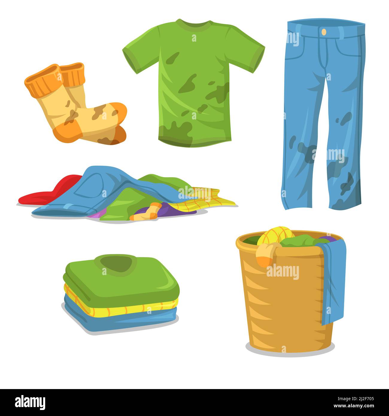 Dirty clothes laundry steps. Jeans , pants, socks with muds, pile of clothes in basket, stack of clean shirts and t-shirts. Flat vector illustrations Stock Vector