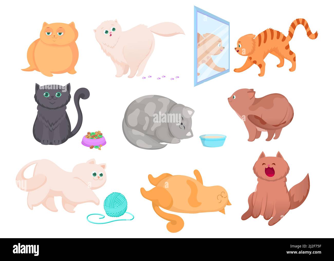 Different breeds of cute kittens vector illustrations set. Happy pet sitting near full bowl, orange kitty sleeping, playful Persian cat isolated on wh Stock Vector