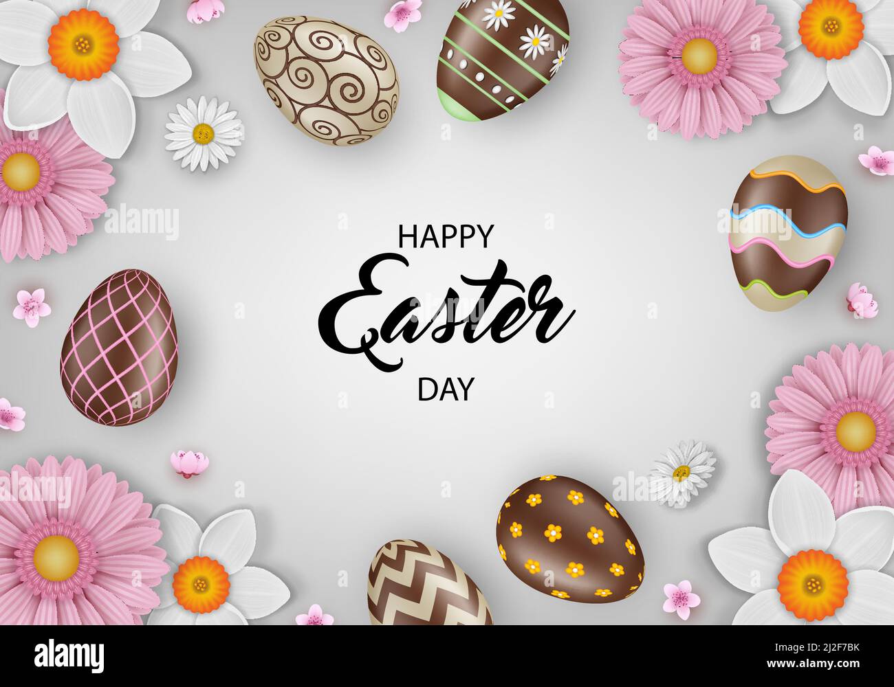 Happy easter background with eggs in the nests, flowers and butterflies ...