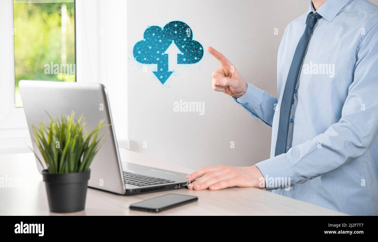 Man hold Cloud icon technology. Polygonal wireframe cloud storage sign with two arrows up and down. Cloud computing, big data center, future infrastru Stock Photo