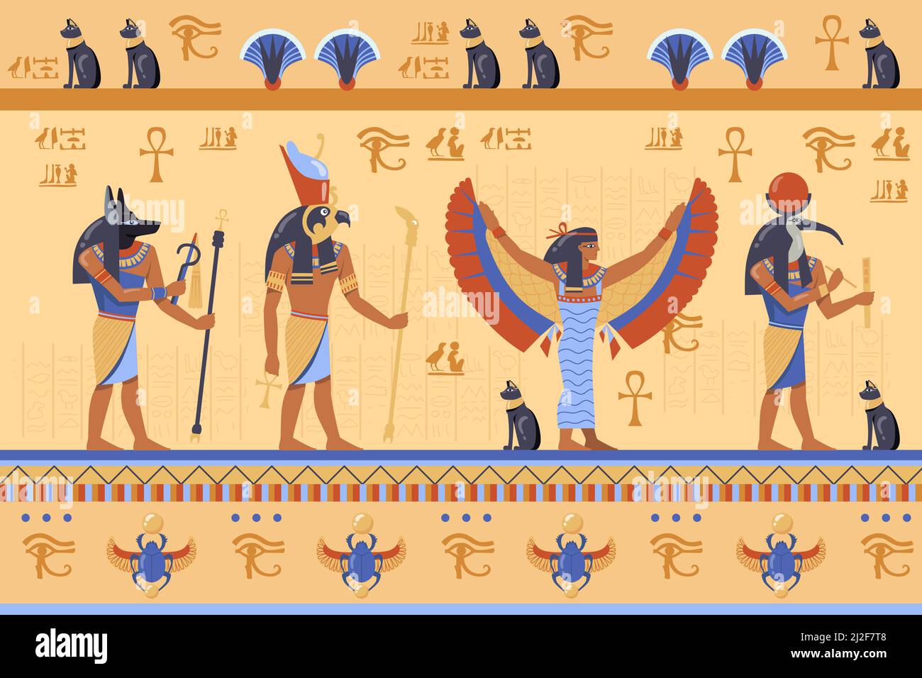 Egyptian deities on ancient bas relief with hieroglyphs. Cartoon vector illustration. Horus, Thoth, Anubis, Maat Gods, scarab, symbols, hieroglyphics. Stock Vector