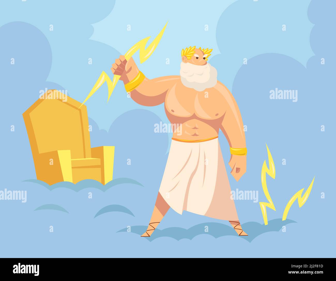 Greek god Zeus throwing lightnings from heaven. Cartoon vector illustration. Major Ancient God of sky, thunder and lightning with golden throne in bac Stock Vector