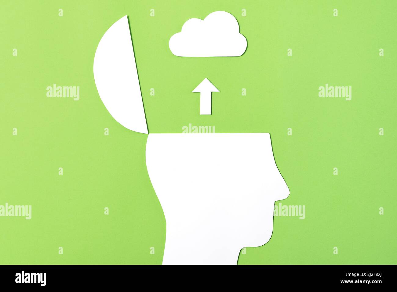 Uploading to Cloud Concept, Paper Cut out Open head with paper cut out Upload Arrow and Cloud. Uploading ones mind to the internet Stock Photo