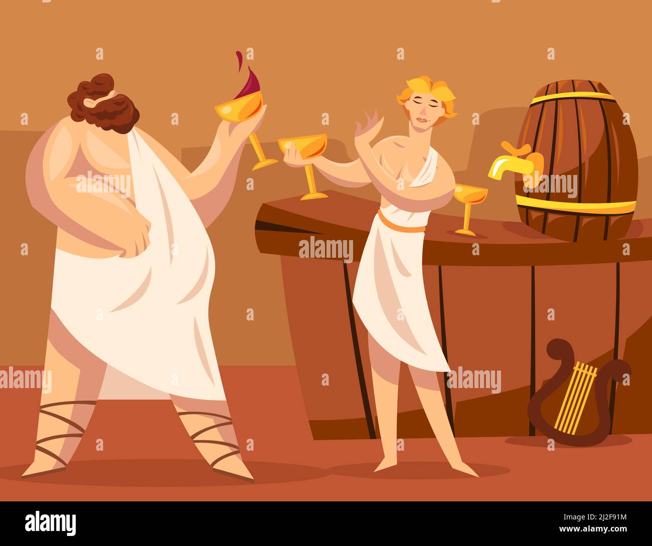 Ancient Greek gods or Greeks drinking wine together. Cartoon vector illustration. God of viticulture Dionysus granting wine to Greek character. Winema Stock Vector