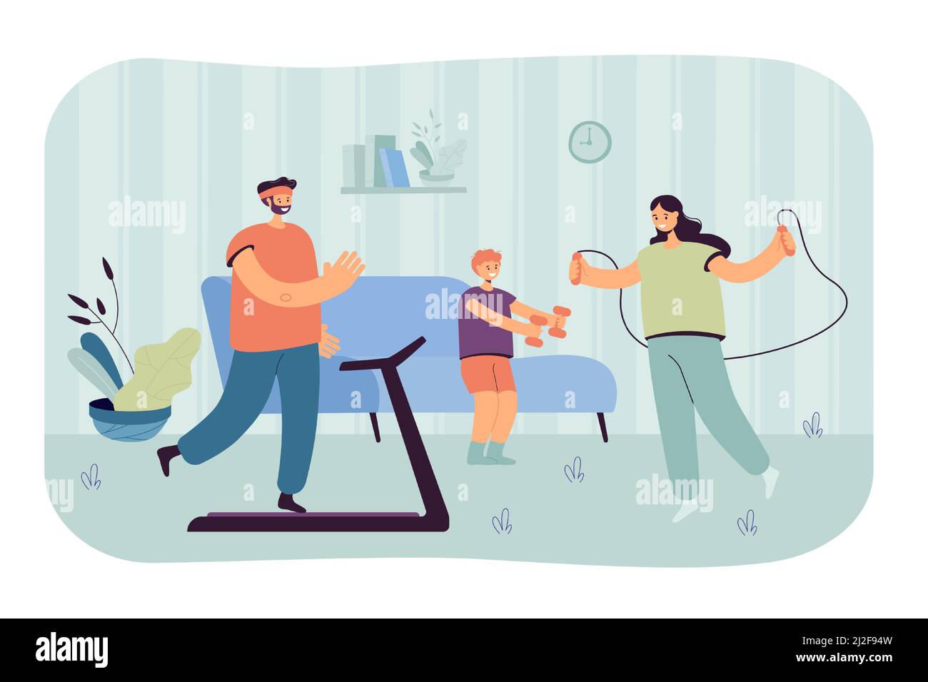 Happy family with kid training at home flat vector illustration. Cartoon mother, father and son doing exercises together in living room. Home workout Stock Vector