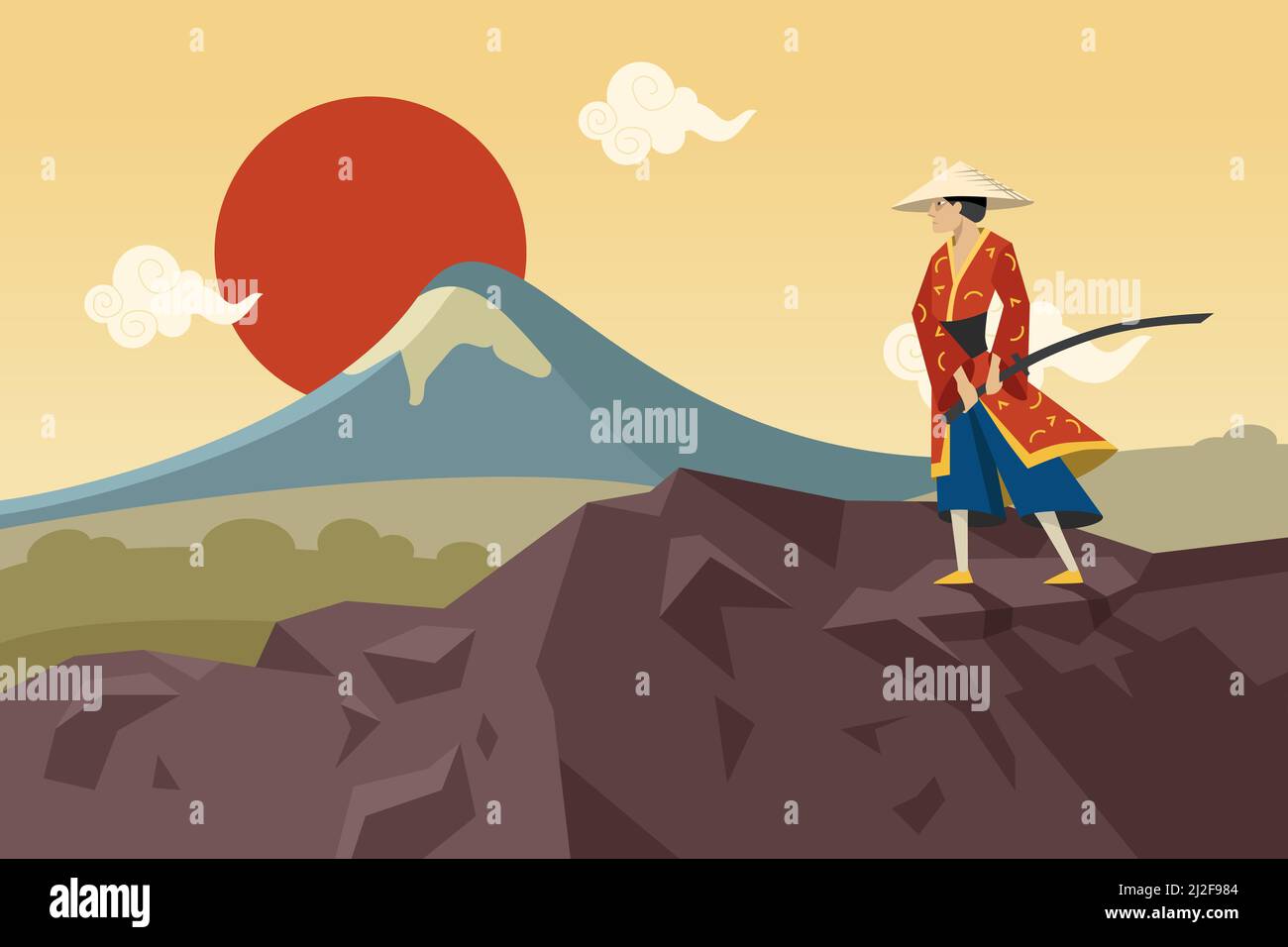 Asian warrior with sword walking in mountains and admiring Sun. Flat vector illustration. Chinese or Japanese male character in kimono enjoying landsc Stock Vector
