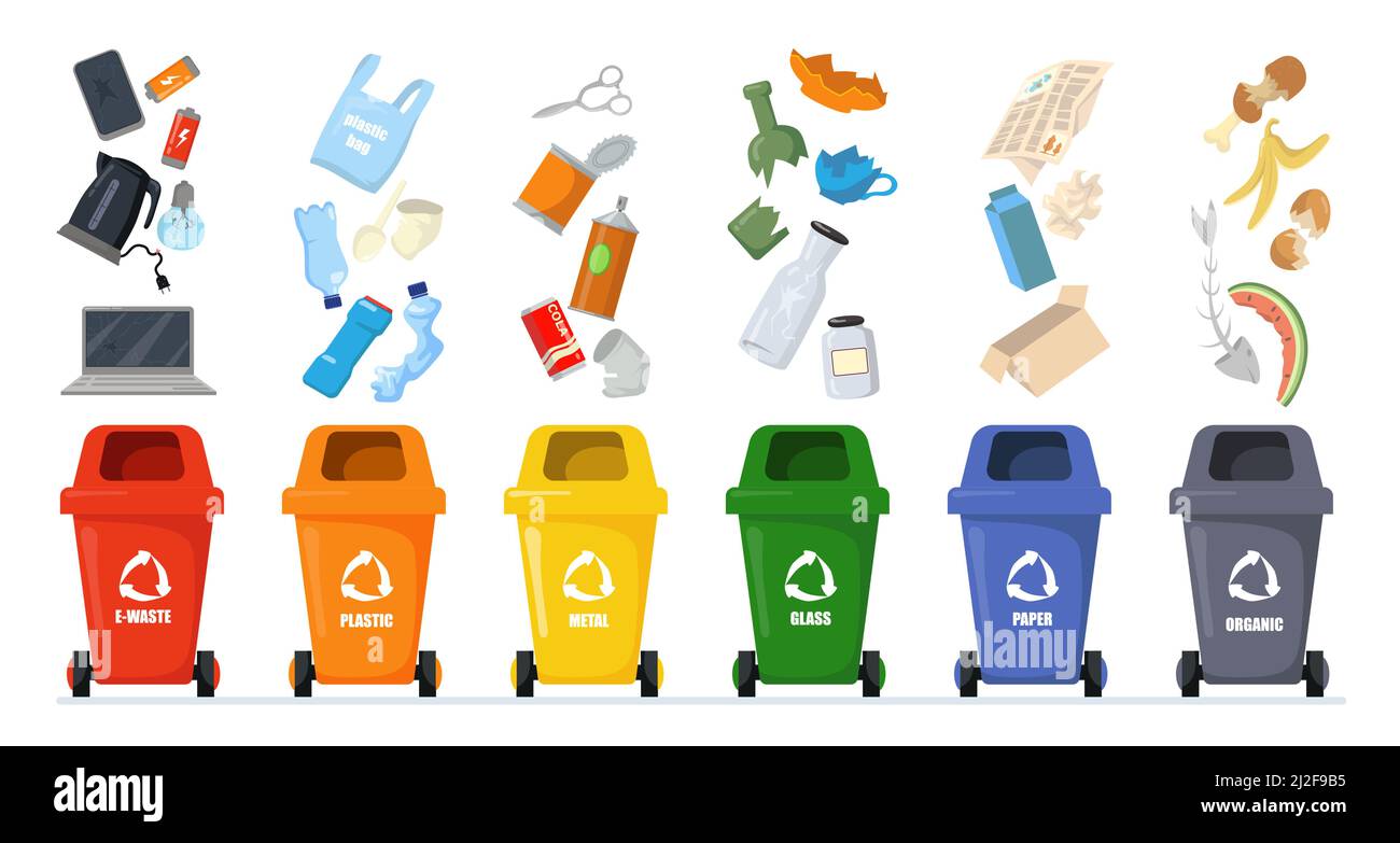 Garbage sorting set. Bins with recycling symbols for e-waste, plastic, metal, glass, paper, organic trash. Vector illustration for zero waste, environ Stock Vector