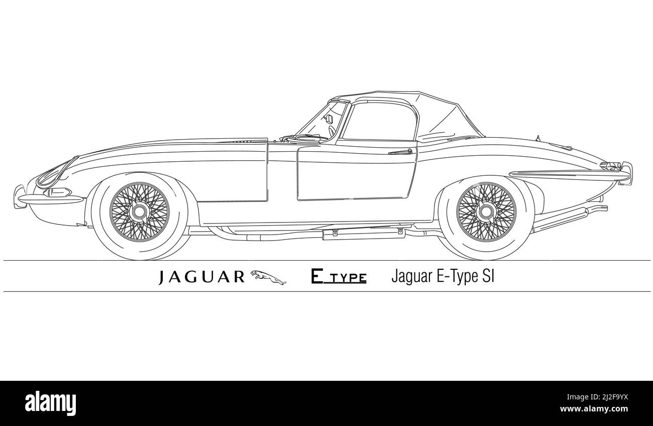 Jaguar E Type SI Spider vintage and classic car, outlined on the white background, illustration Stock Photo